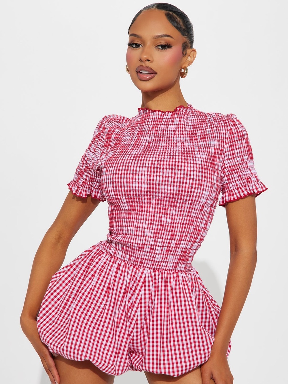 Fashion Nova Red & White Gingham Smocked Romper